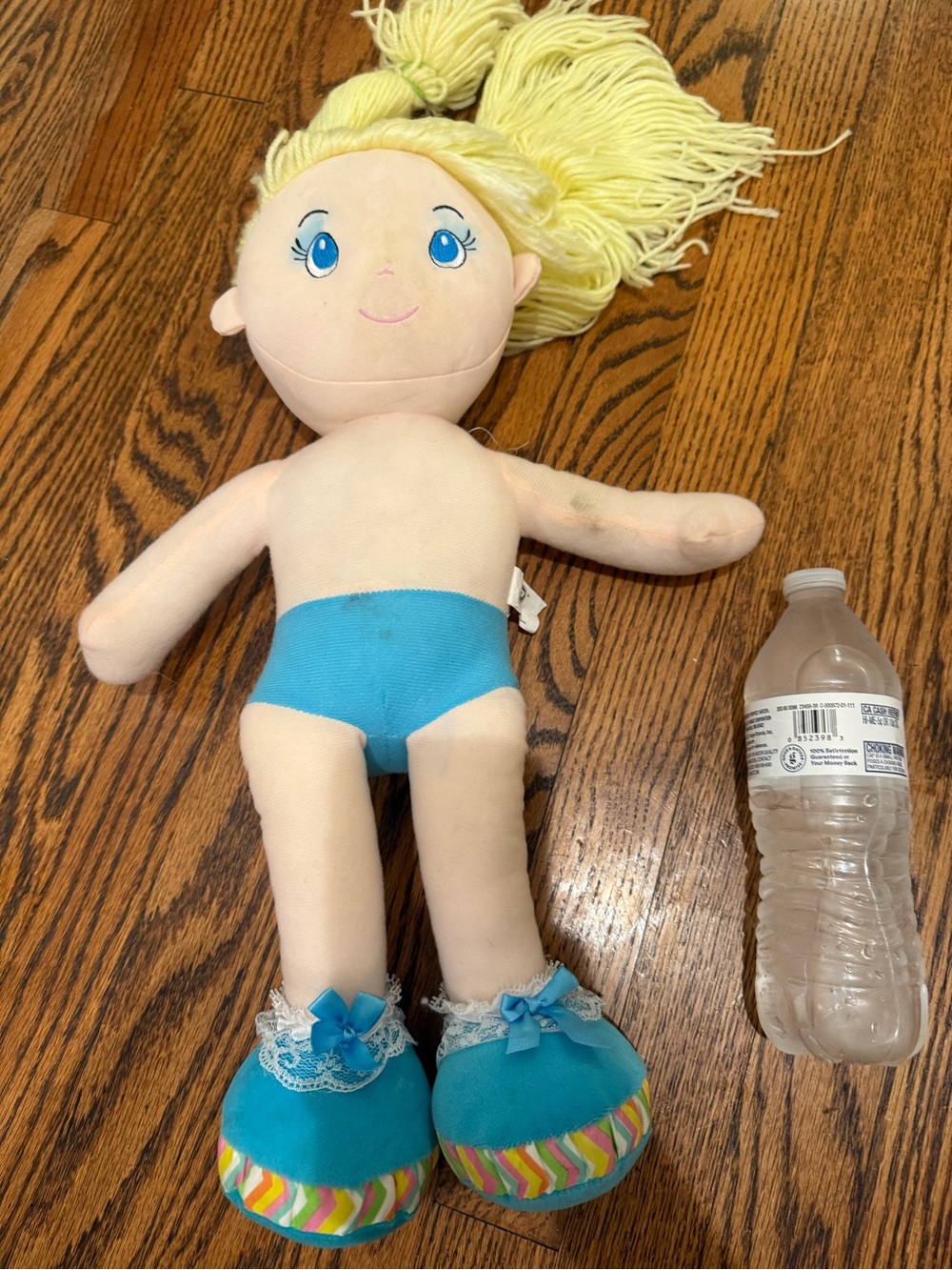 Plush Girl Doll with Yellow Yarn Hair and Blue Outfit